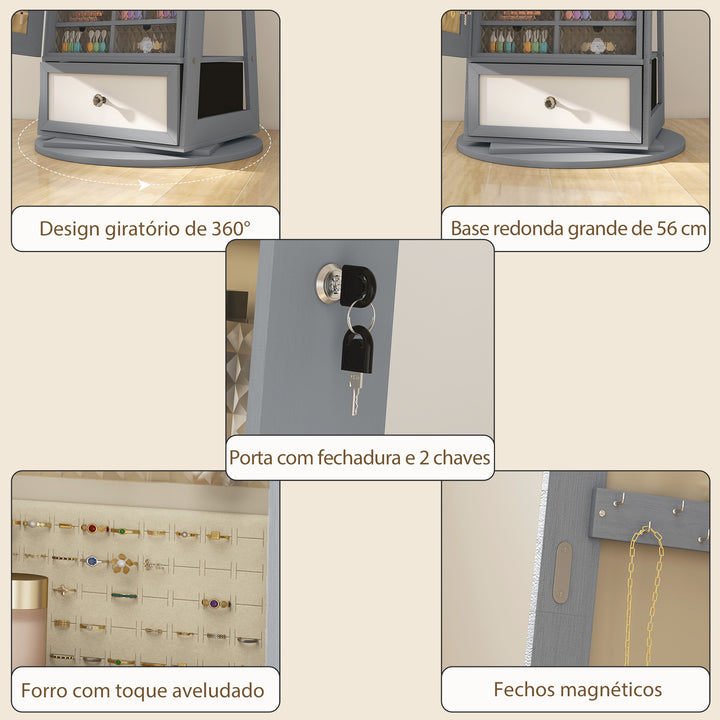 Espelho de Pé Giratório 360° com Espelho com Interior Iluminado Organizador de Jóias com Espelho de Corpo Inteiro Prateleiras e Gavetas para Quarto ou Closet 56x56x164 cm Cinza Claro