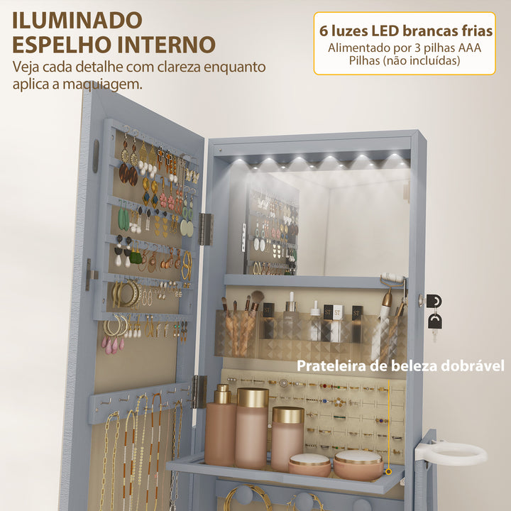 Espelho de Pé Giratório 360° com Espelho com Interior Iluminado Organizador de Jóias com Espelho de Corpo Inteiro Prateleiras e Gavetas para Quarto ou Closet 56x56x164 cm Cinza Claro