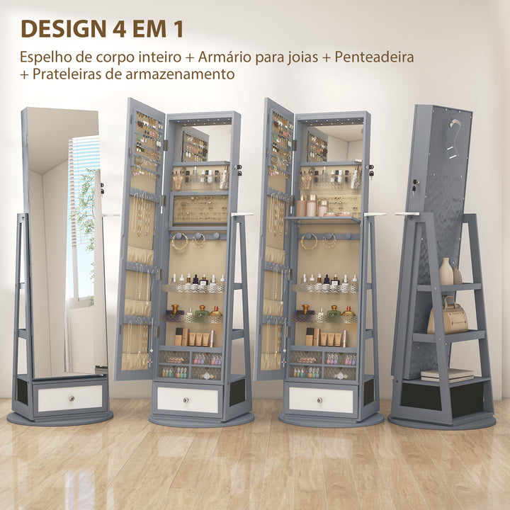 Espelho de Pé Giratório 360° com Espelho com Interior Iluminado Organizador de Jóias com Espelho de Corpo Inteiro Prateleiras e Gavetas para Quarto ou Closet 56x56x164 cm Cinza Claro