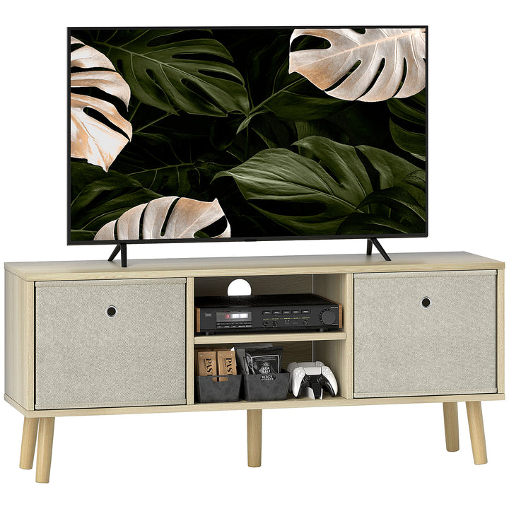 Móvel de TV para Televisores de até 50 Polegadas Móvel de Sala de Estar Moderno com 2 Gavetas de Tecido 2 Prateleiras Abertas e Orifício Passa Cabos 110x29x46,5 cm Madeira Clara e Bege