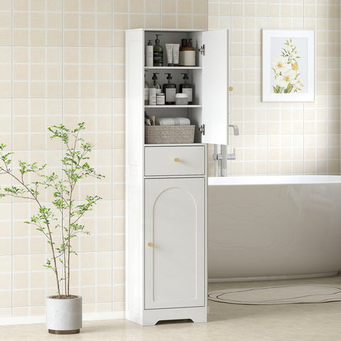 Coluna Casa de Banho com 2 Portas Arqueadas Gaveta e Prateleiras Ajustáveis Armário Alto Estreito de Casa de Banho Estilo Moderno para Sala de Estar Lavabo Cozinha 40x29,5x170 cm Branco com Veios