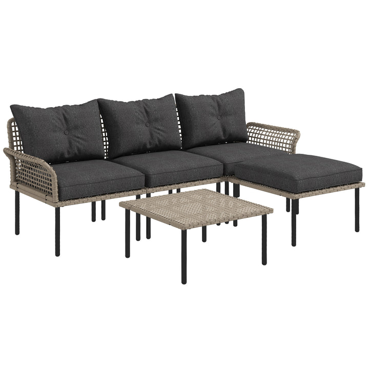 Conjunto de Jardim em Vime Sintético Conjunto de Móveis de Exterior com Sofá de 4 Módulos 1 Mesa de Centro e Almofadas Cinza