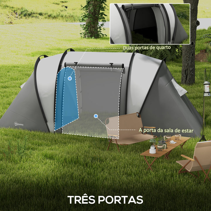 Tenda de Campismo Familiar para 4-5 Pessoas Tenda de Campismo Túnel Impermeável 3000 mm com 2 Quartos Bolsa de Transporte e Gancho Ideal para Caminhadas e Pesca Cinzento