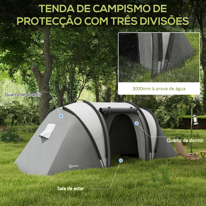 Tenda de Campismo Familiar para 4-5 Pessoas Tenda de Campismo Túnel Impermeável 3000 mm com 2 Quartos Bolsa de Transporte e Gancho Ideal para Caminhadas e Pesca Cinzento
