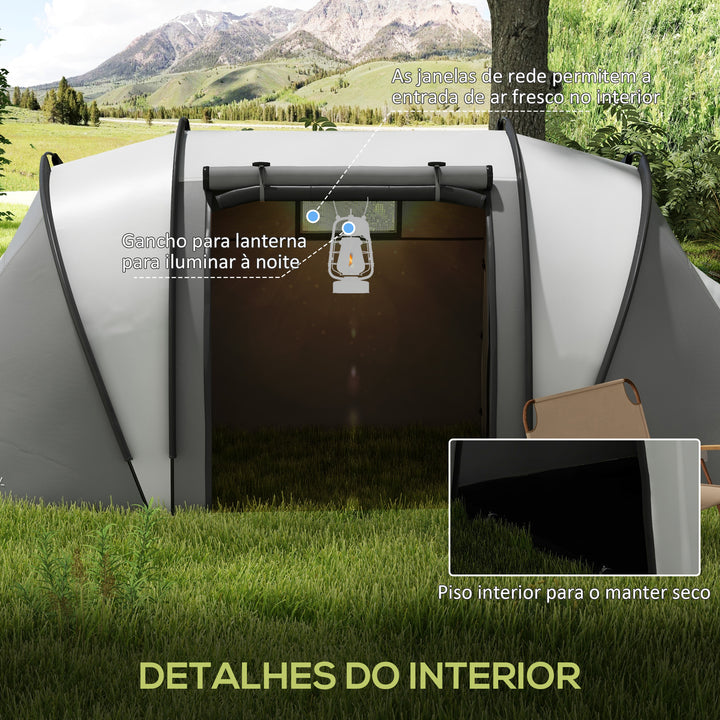 Tenda de Campismo Familiar para 4-5 Pessoas Tenda de Campismo Túnel Impermeável 3000 mm com 2 Quartos Bolsa de Transporte e Gancho Ideal para Caminhadas e Pesca Cinzento