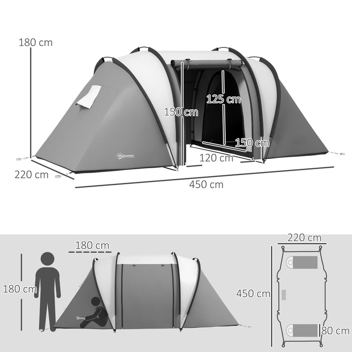 Tenda de Campismo Familiar para 4-5 Pessoas Tenda de Campismo Túnel Impermeável 3000 mm com 2 Quartos Bolsa de Transporte e Gancho Ideal para Caminhadas e Pesca Cinzento