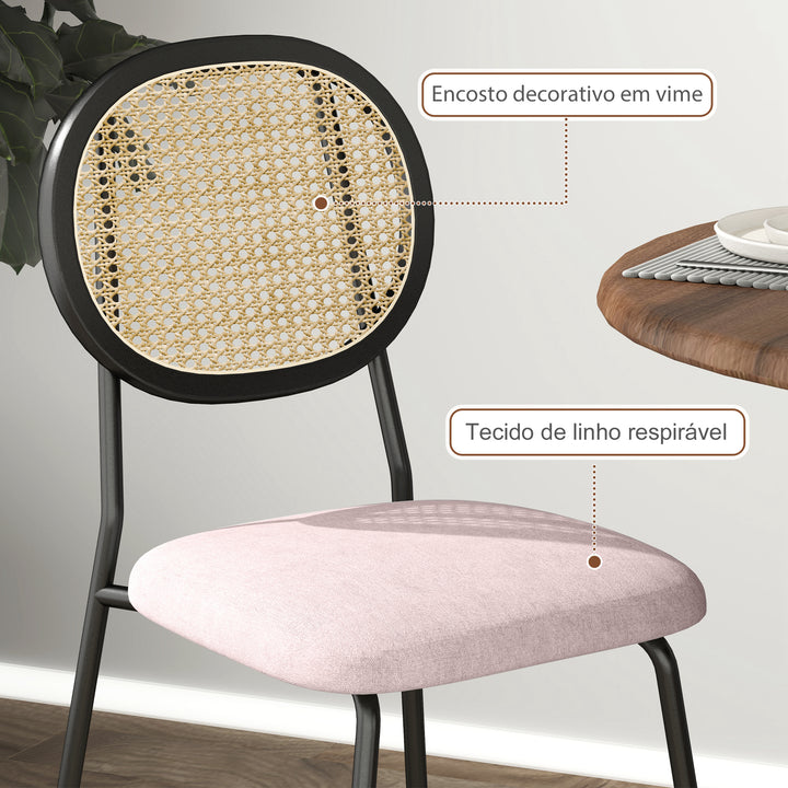 Conjunto de 2 Cadeiras de Sala de Jantar Cadeiras de Cozinha com Encosto em Vime Sintético e Estrutura de Aço para Sala de Jantar 44x54x87 cm Rosa e Preto