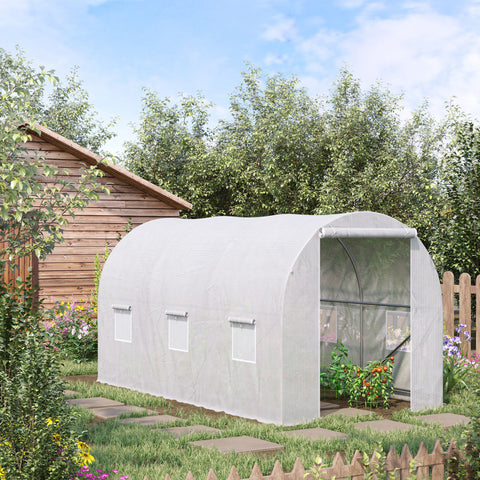Estufa de Jardim 350x200x200 cm Estufa de Túnel com Porta Enrolável e 6 Janelas Cobertura de PE 140 g/m² Estrutura de Metal para Cultivo de Plantas Verduras Branco