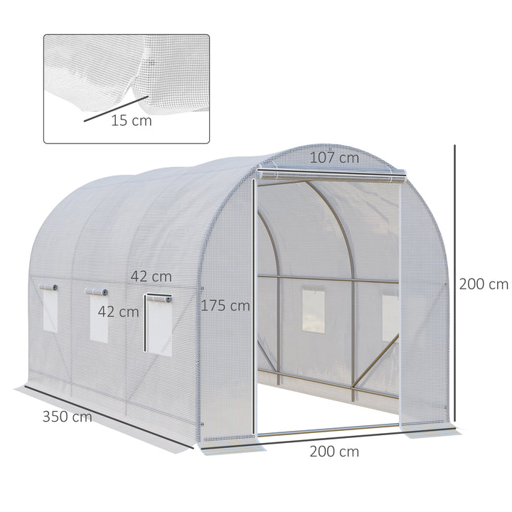 Estufa de Jardim 350x200x200 cm Estufa de Túnel com Porta Enrolável e 6 Janelas Cobertura de PE 140 g/m² Estrutura de Metal para Cultivo de Plantas Verduras Branco