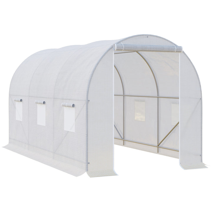 Estufa de Jardim 350x200x200 cm Estufa de Túnel com Porta Enrolável e 6 Janelas Cobertura de PE 140 g/m² Estrutura de Metal para Cultivo de Plantas Verduras Branco