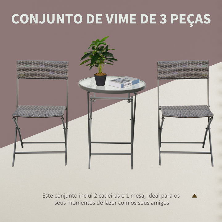 Conjunto de Mesa e 2 Cadeiras Móveis Ratan para Jardim Dobrável Estrutura Aço - Castanho - 61x46x84cm