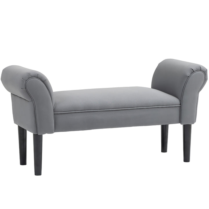 Banco para Pé de Cama Banco Estofado em Linho Sintético com Pés de Madeira Braços e Assento Acolchoado Estilo Moderno para Quarto Entrada Corredor Cinzento Escuro