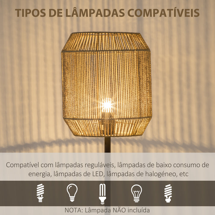 Candeeiro de Pé para Sala de Estar Lâmpada E27 Máx. 40W Candeeiro de Pé com Ecrã de Corda de Papel e Interruptor de Pé para Cozinha Dormitório Ø26x158cm Natural e Preto
