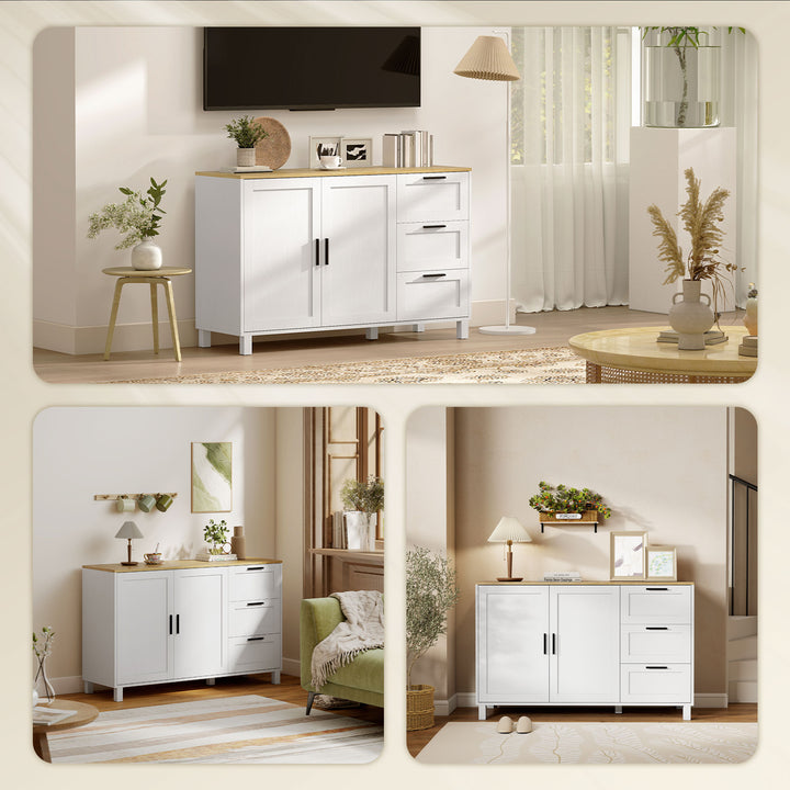 Aparador com 2 Portas Moderno para Sala de Estar com 3 Gavetas Prateleira Ajustável e Pernas de Madeira para Sala de Jantar Entrada, Quarto 120x38x76 cm Branco