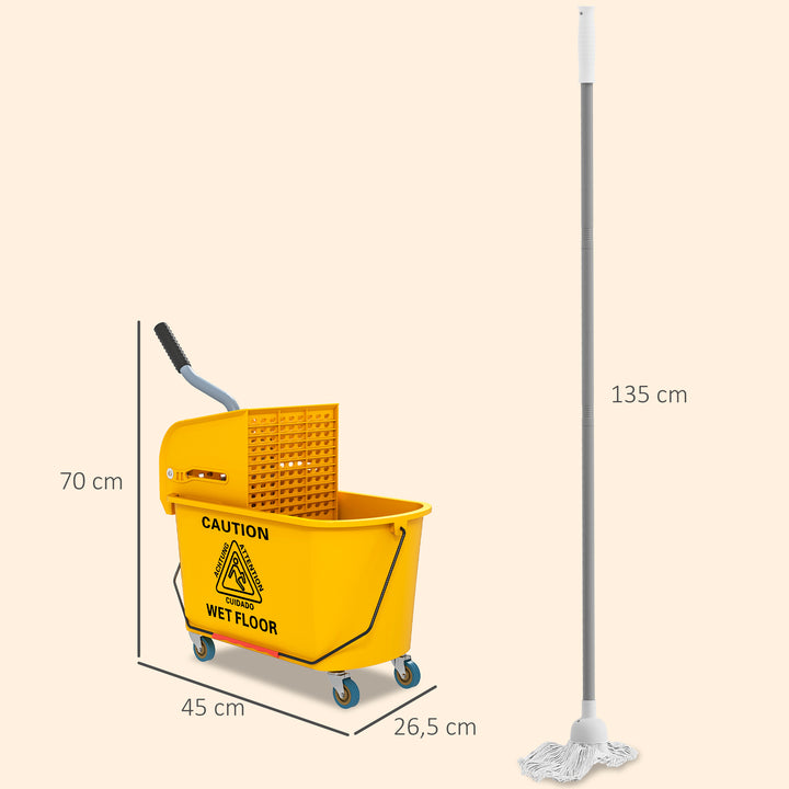 Balde de Limpeza com Esfregona e Rodas Capacidade de 20 L Balde de Limpeza com Sistema de Escurridor de Esfregona e Pega de Transporte para Doméstico e Comercial 45x26,5x70 cm Amarelo