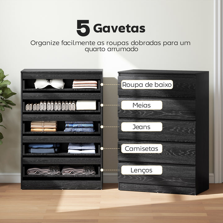 Cómoda 5 Gavetas Cômoda para Quarto Móvel de Arrumação para Sala de Estar Escritório Estilo Moderno 77x40x111,5 cm Preto Veteado