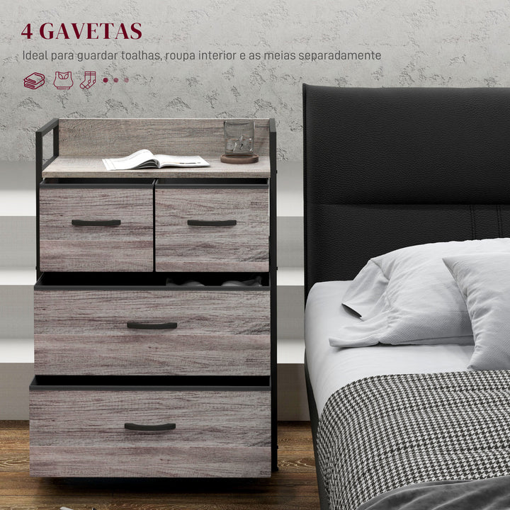 Cómoda de Quarto Armário de Armazenamento com 4 Gavetas Dobráveis Prateleira Aberta e Estrutura de Aço para Sala Entrada 60x29x85 cm Cinzento