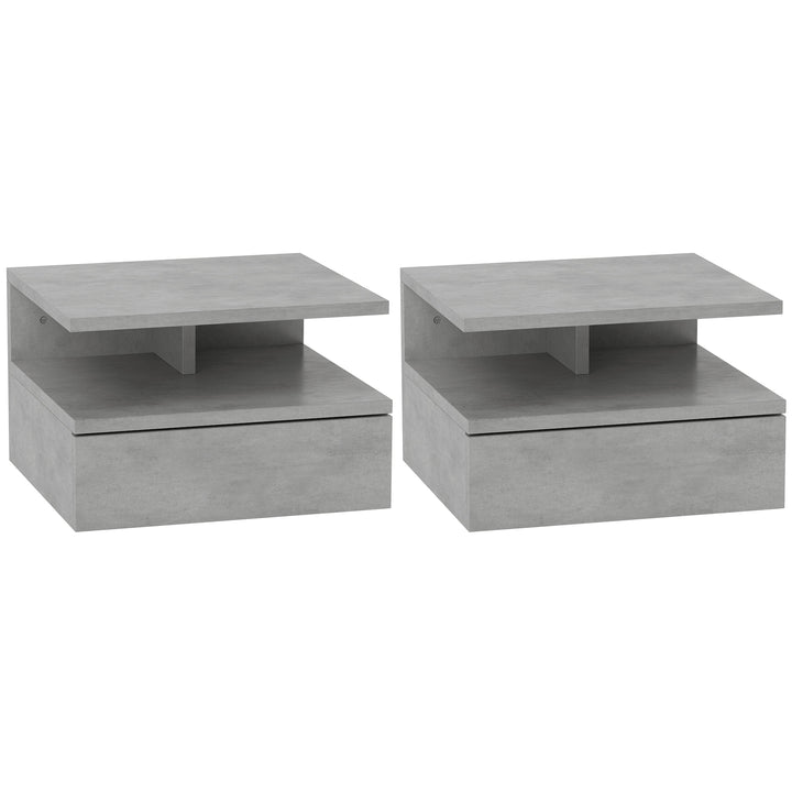 Conjunto de 2 Mesas de Cabeceira Flutuantes, Mesas de Cabeceira com Gaveta e Prateleira Aberta, Design Moderno, Poupa Espaço, para Sala ou Quarto, 35x32x22,5 cm, Cinzento