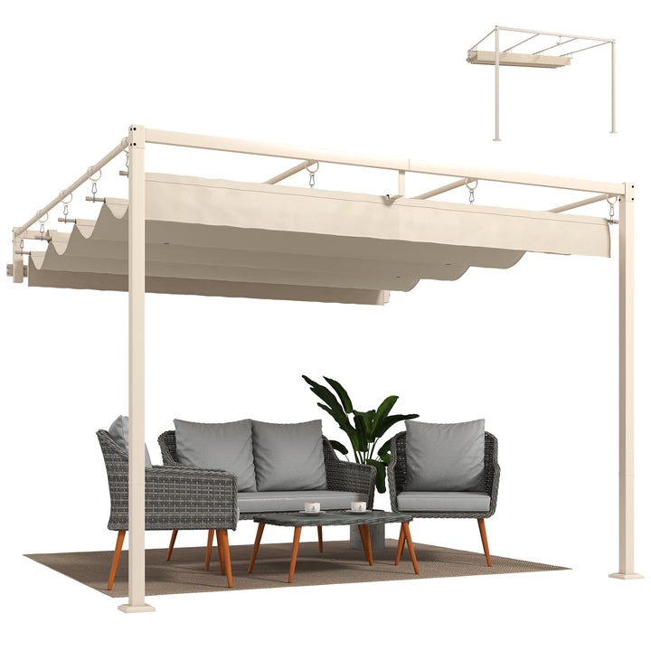 Pérgola de Parede para Jardim 3x3 m Estrutura de Aço com Teto Retrátil Proteção UPF30+ Orifícios de Drenagem Pérgola para Terraço ou Exterior Bege