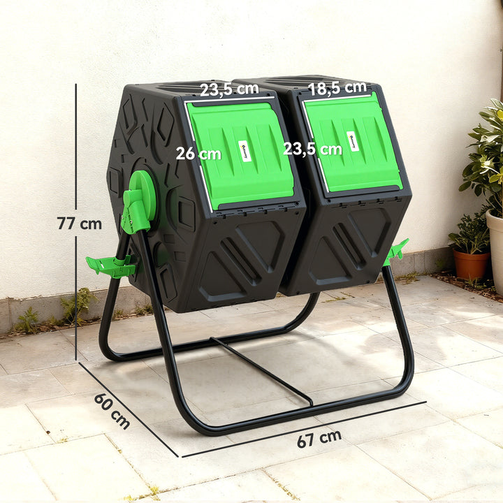 Compostor Giratório de 130L Recipiente de Compostagem de Jardim de Dupla Câmara Compostor com Aberturas de Ventilação e Pés de Aço 67x60x77 cm Preto e Verde