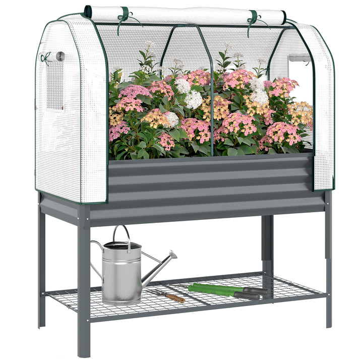 Mesa de Cultivo com Cobertura de Estufa de 140 g/m² PE Mesa de Cultivo em Metal Galvanizado com Prateleira Inferior e Forro para Plantação Plantas e Flores 120x55x140 cm Cinzento Escuro