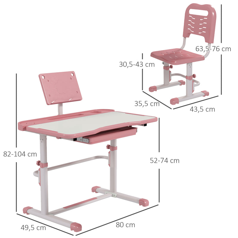 Conjunto de Secretária e Cadeira para Crianças de 6-12 Anos Secretária para Crianças com Altura Ajustável com 1 Gaveta Prateleira para Livros e Ângulo da Mesa Ajustável 80x49,5x82-104 cm Rosa