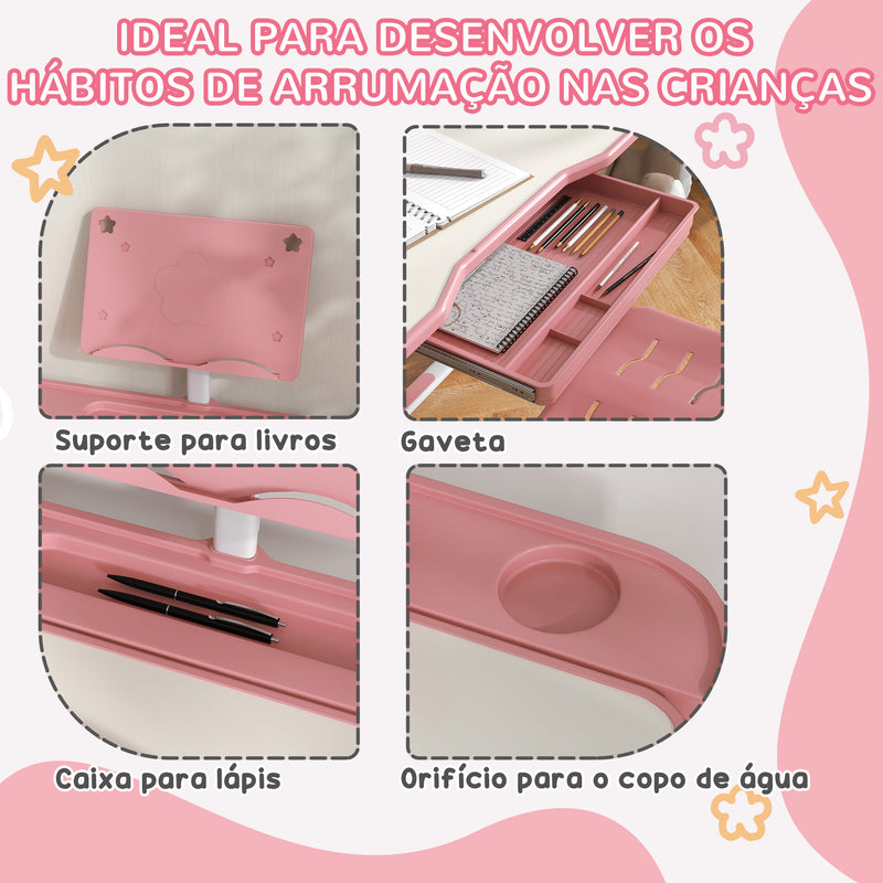 Conjunto de Secretária e Cadeira para Crianças de 6-12 Anos Secretária para Crianças com Altura Ajustável com 1 Gaveta Prateleira para Livros e Ângulo da Mesa Ajustável 80x49,5x82-104 cm Rosa