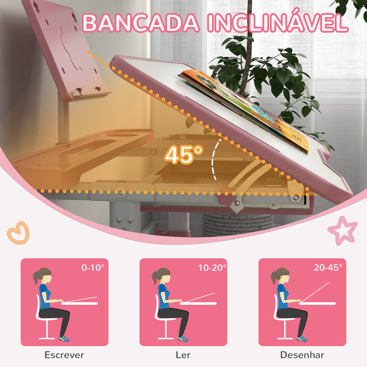 Conjunto de Secretária e Cadeira para Crianças de 6-12 Anos Secretária para Crianças com Altura Ajustável com 1 Gaveta Prateleira para Livros e Ângulo da Mesa Ajustável 80x49,5x82-104 cm Rosa