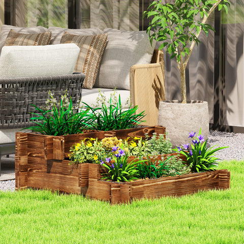 Caixa de Plantio de Madeira de 3 Níveis Horta Vertical em Escada com Malha Geotextil para Cultivos de Plantas Flores para Jardim Terraço Exterior 93x93x35 cm Carbonizado