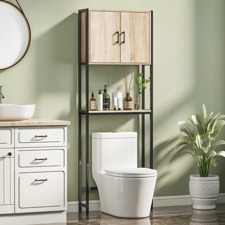 Móvel sobre Sanita Organizador sobre WC com 2 Portas Prateleira Ajustável Prateleira Aberta Estante de Casa de Banho sobre WC para Espaço Pequeno 64x19x178 cm Madeira