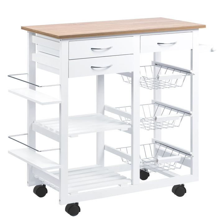 Carrinho de cozinha Carrinho de serviço multifuncional com gavetas Cestas Prateleiras de especiarias Toalheiro Rodas 92x37x82 cm Branco