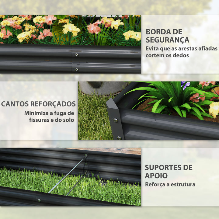 Caixa de Plantio de Aço Galvanizado Horta para Cultivar Plantas Flores Ervas Floreira Grande de Exterior Retangular com Fundo Aberto 180x90x30 cm Cinzento Escuro