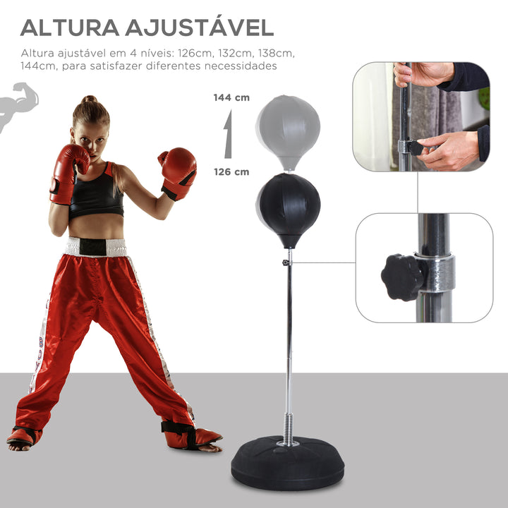 Saco de Boxe de Pé Punching Ball com Altura Ajustável em 4 Níveis 126-144 cm Base Preenchível e Luvas de Boxe para Adultos e Adolescentes Preto