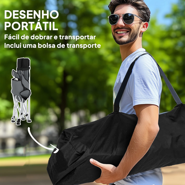 Conjunto de 2 Cadeiras Dobráveis Campismo Portáteis com Apoio para os Pés Desmontável Apoio para a Cabeça Porta-Copos e Bolsa Lateral Carga 120 kg para Jardim Praia Pesca 50-100x82x88 cm Cinza e Preto