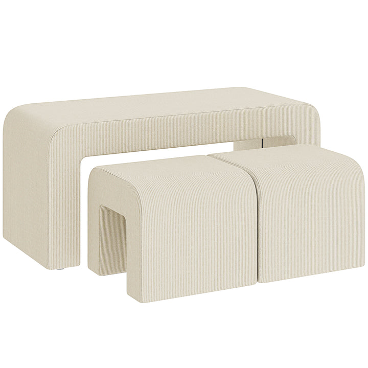 Conjunto de 3 Bancos Grande e 2 Pequenos Bancos Modernos em Veludo Design Compacto para Sala Entrada Corredor Quarto 104x44x48 cm Creme