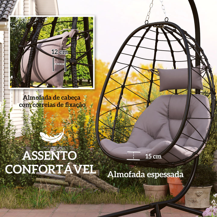 Cadeira Suspensa com Suporte Baloiço Jardim com Cesto Dobrável Almofada e Apoio de Cabeça Baloiço Suspenso para Interior e Exterior Carga 120 kg 98x95x198 cm Cinzento