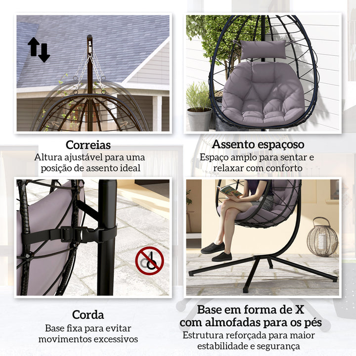 Cadeira Suspensa com Suporte Baloiço Jardim com Cesto Dobrável Almofada e Apoio de Cabeça Baloiço Suspenso para Interior e Exterior Carga 120 kg 98x95x198 cm Cinzento