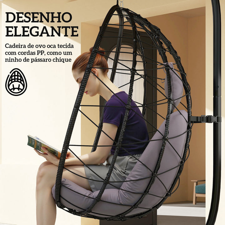 Cadeira Suspensa com Suporte Baloiço Jardim com Cesto Dobrável Almofada e Apoio de Cabeça Baloiço Suspenso para Interior e Exterior Carga 120 kg 98x95x198 cm Cinzento