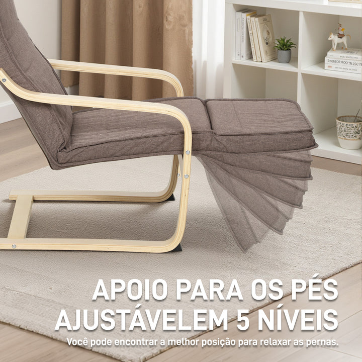 Poltrona de Sala de Estar com Apoio para os Pés Ajustáveis Poltrona para Dormitório Estofada em Tecido com Estrutura de Madeira Carga 120 kg para Escritório Estúdio 66,5x94x100 cm Marrom