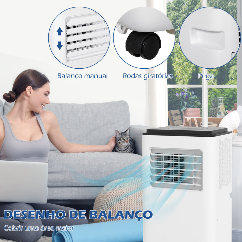 Ar Condicionado Portátil 10000 BTU 2900W Arrefecedor Ventilador Desumidificador 5 em 1 com Controlo Remoto Ligado/Desligado Temporizador 24h para Quarto 22m² 33x28x70,4 cm Branco