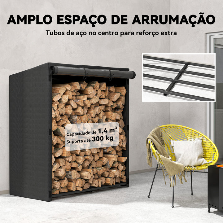 Suporte Metálico para Lenha 140x70x154 cm Suporte para Lenha de Exterior com Capa Impermeável 600D Oxford Estrutura de Aço Capacidade de 300 kg para Jardim Preto