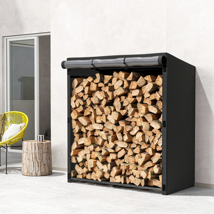 Suporte Metálico para Lenha 140x70x154 cm Suporte para Lenha de Exterior com Capa Impermeável 600D Oxford Estrutura de Aço Capacidade de 300 kg para Jardim Preto