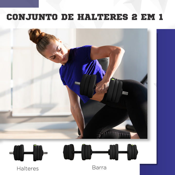 Kit de Halteres 20kg 2 em 1 Jogo de Pesos com Barra de Pesos Pega Antiderrapante para Treino de Força em Casa Ginásio Escritório Preto e Verde