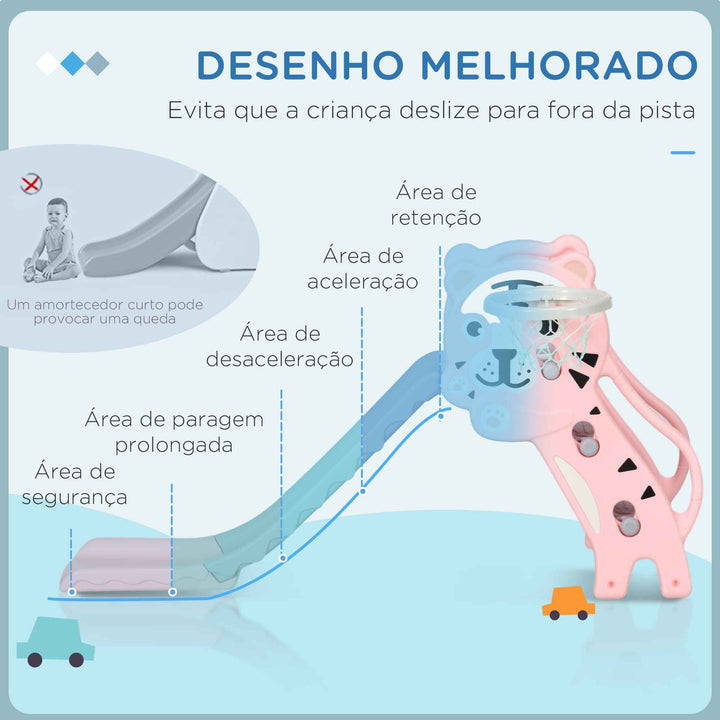 Escorrega para Crianças 2 em 1 Escorrega para Crianças de 18 a 36 Meses com 2 Degraus Cesta de Basquetebol e Desenho de Tigre para Interior 133x60x70 cm Rosa e Cinza
