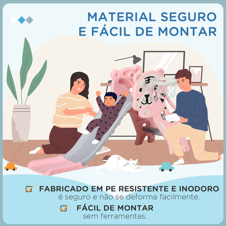 Escorrega para Crianças 2 em 1 Escorrega para Crianças de 18 a 36 Meses com 2 Degraus Cesta de Basquetebol e Desenho de Tigre para Interior 133x60x70 cm Rosa e Cinza