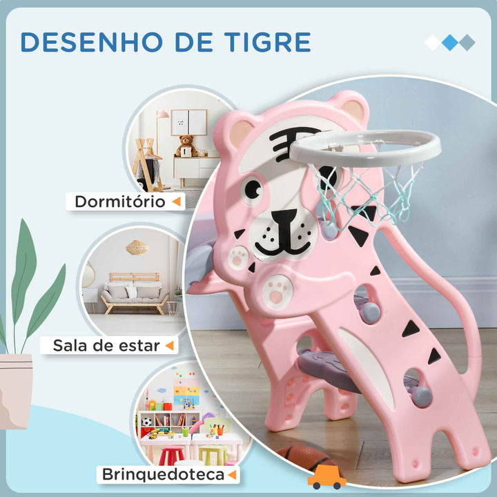 Escorrega para Crianças 2 em 1 Escorrega para Crianças de 18 a 36 Meses com 2 Degraus Cesta de Basquetebol e Desenho de Tigre para Interior 133x60x70 cm Rosa e Cinza