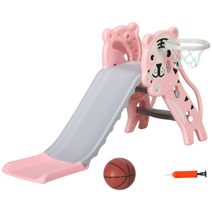 Escorrega para Crianças 2 em 1 Escorrega para Crianças de 18 a 36 Meses com 2 Degraus Cesta de Basquetebol e Desenho de Tigre para Interior 133x60x70 cm Rosa e Cinza