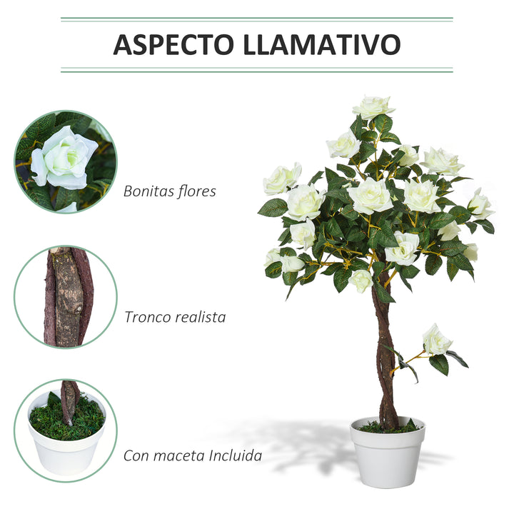 Planta artificial de 90 cm Rosa branca realista com 21 flores e 350 folhas Pote de cimento incluído para interior e exterior