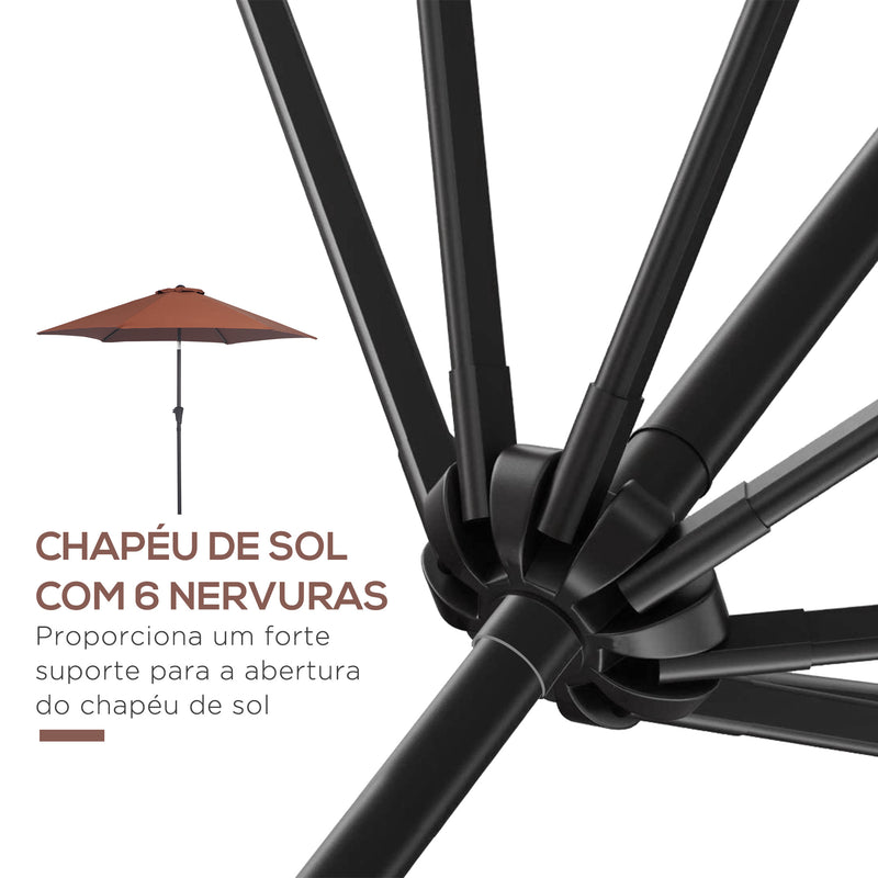 Chapéu de Sol de Jardim Ø260x235cm Chapéu de Sol de Alumínio Reclinável com Manivela e 6 Hastes para Terraço Exterior Varanda Café