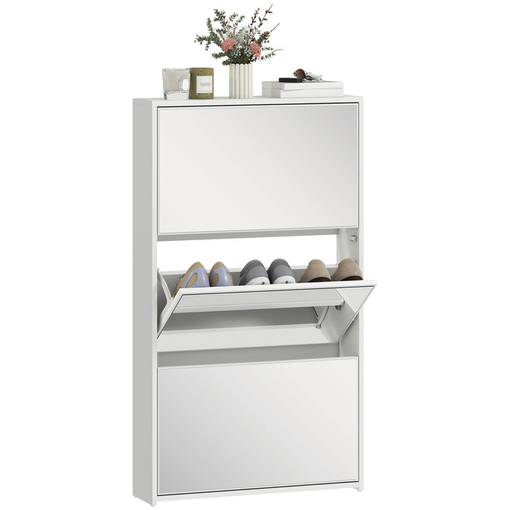 Sapateira Estreita 3 Portas com Espelho Sapateira para Entrada Corredor Para 9 Pares de Sapatos Para Corredor Espaços Reduzidos 65x17x114,5 cm Branco